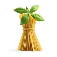 Fresh spaghetti tied with basil leaves.