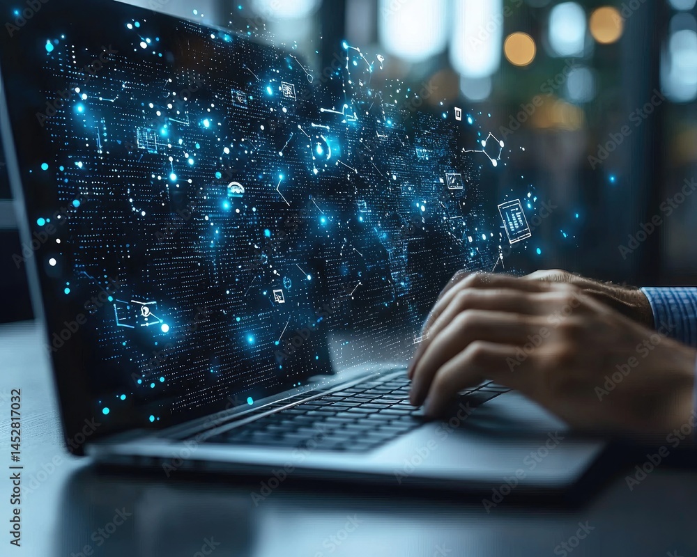 Poster person typing on a laptop with digital data visualizations and glowing effects