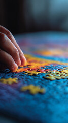 Close-up of hand placing puzzle piece, colorful jigsaw puzzle, blue, yellow, orange, red pieces, representing focus, patience, problem-solving