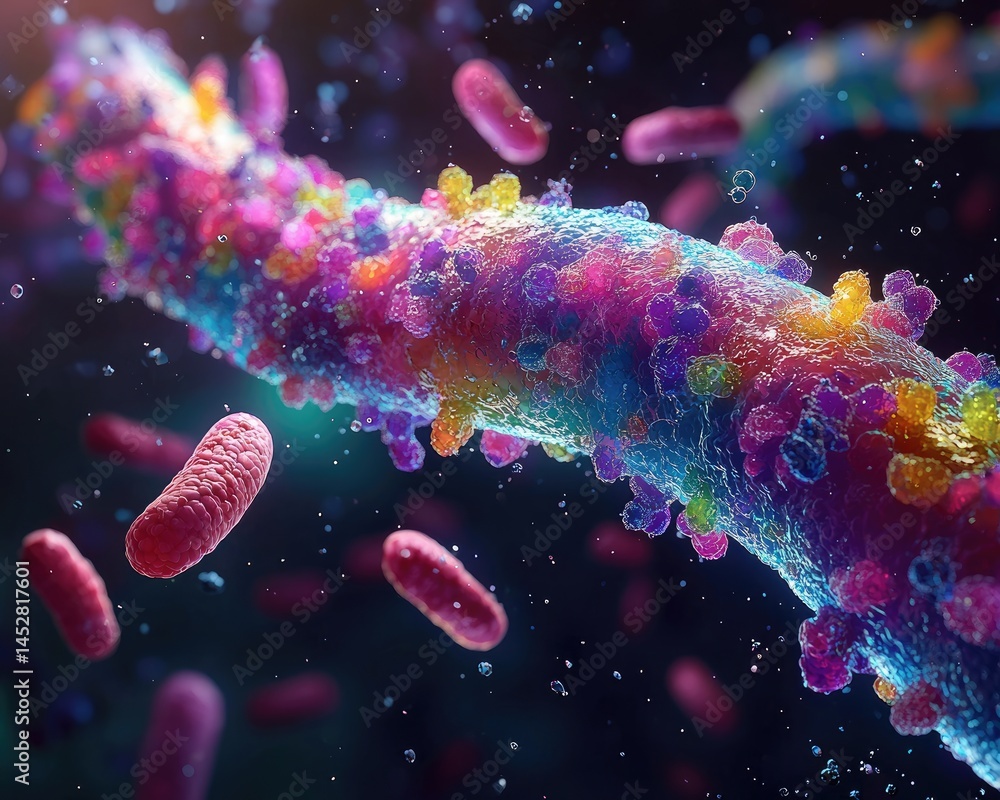 Poster colorful microscopic view of bacteria and cellular structures in a vibrant environment