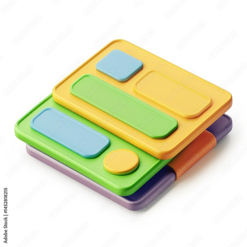 Poster colorful layered interface elements in 3d isometric style.