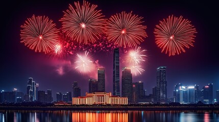 Fireworks over Guangzhou city skyline at night