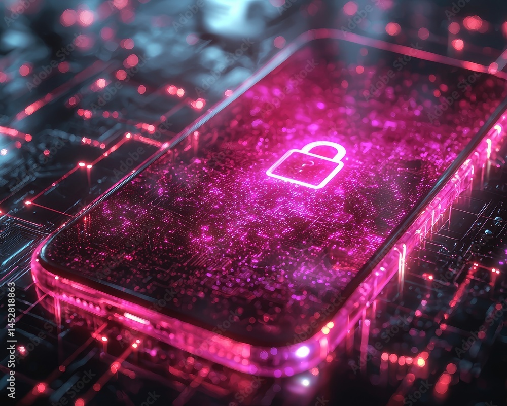 Poster futuristic smartphone displaying a glowing lock symbol amidst digital circuitry