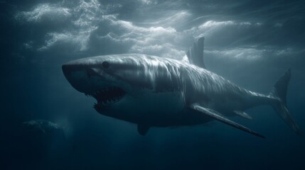 Naklejka premium A powerful shark swims gracefully in the deep ocean