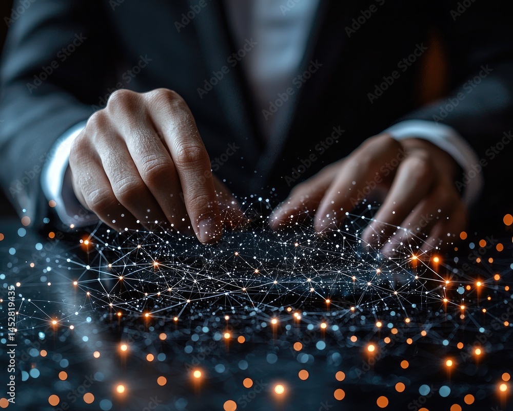 Poster business professional interacting with digital data visualization on a table