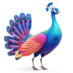 Vibrant, cartoon peacock displays colorful plumage.