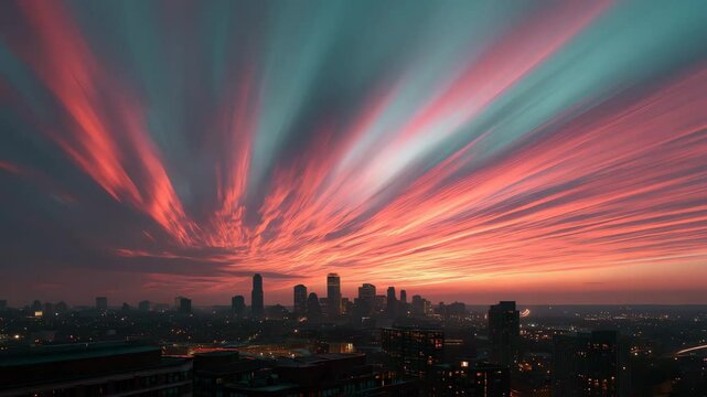 a captivating cityscape silhouette under a stunning sunset sky, where the vibrant colors paints the scene. The buildings and the sky harmonize into an awe-inspiring vista