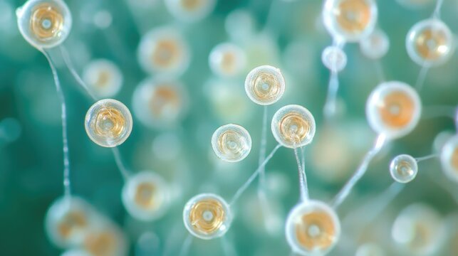 Microscopic Fungus Golden Spores on Teal Hyphae.