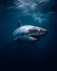 Naklejka premium Great white shark underwater, ocean predator, powerful, majestic