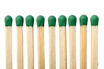 Row of unlit matches with green tips isolated on black background