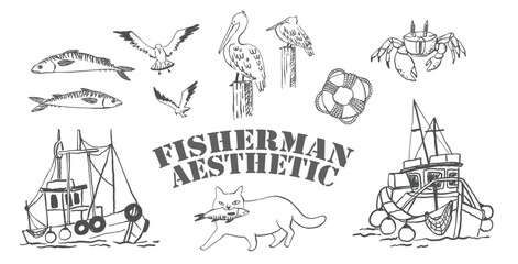 Fisherman Aesthetic Vector Set – Hand Drawn Nautical and Sea Life Illustrations