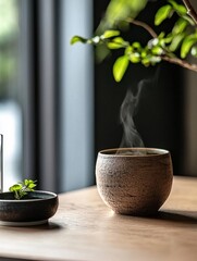 Small potted plant on a wooden table next to a glass of water. the pot is made of a light-colored material and has a textured surface. next to the pot, there is a small plant with green leaves.