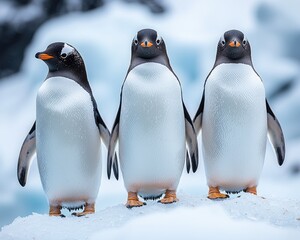 Obraz premium Three penguins standing together on an icy landscape in Antarctica, showcasing their natural habitat