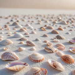 Seashells scattered on white sand beach close up decorative pattern