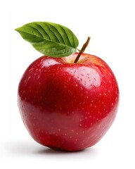 Classic red apple with green leaf isolated on white background perfect for healthy food campaigns, nutrition program posters, organic product packaging, and educational diet visuals.