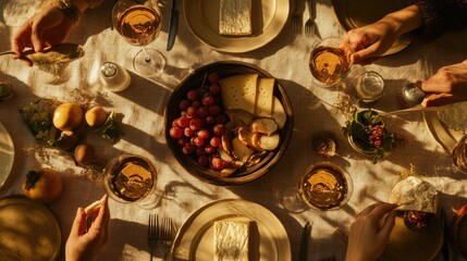 Golden Hour Cheese  Wine Gathering Friends Enjoying Delicious Food.