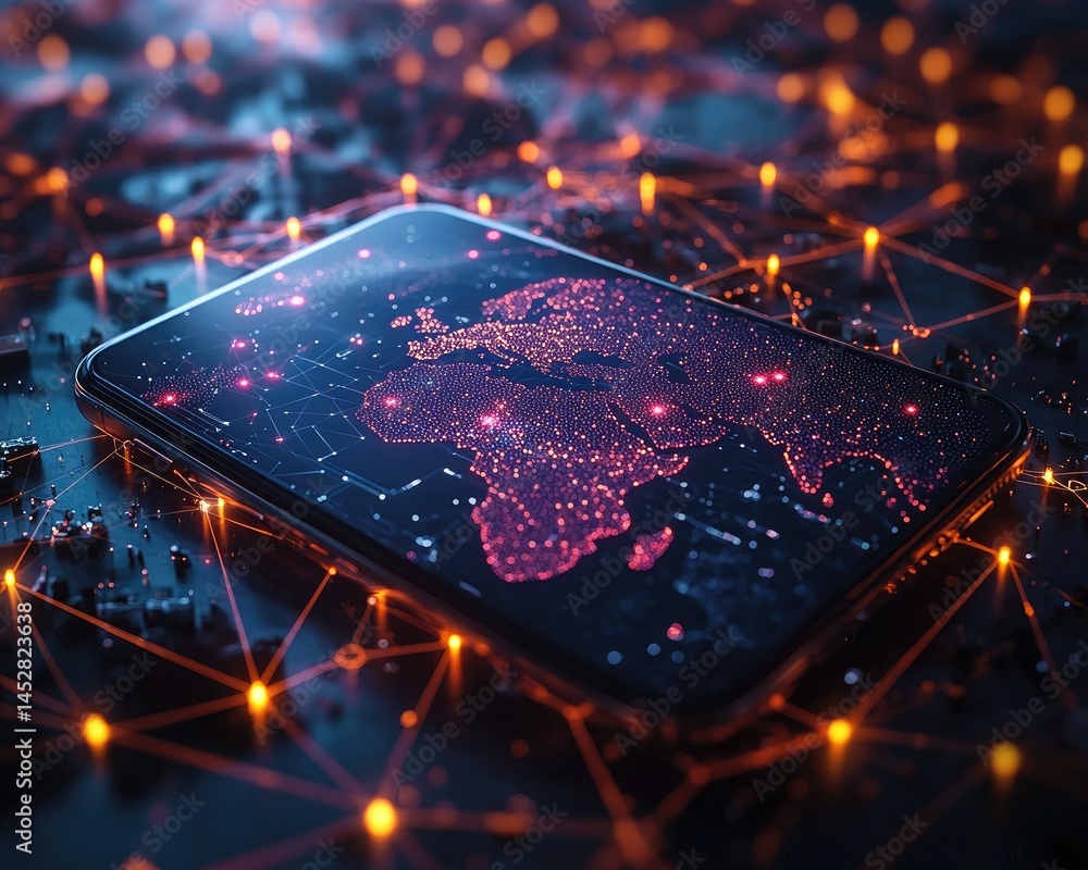 Poster a smartphone displaying a digital map of the world amidst glowing network connections