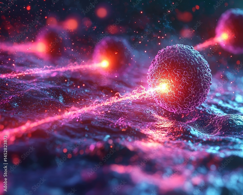 Poster abstract representation of particles emitting light in a vibrant cosmic environment