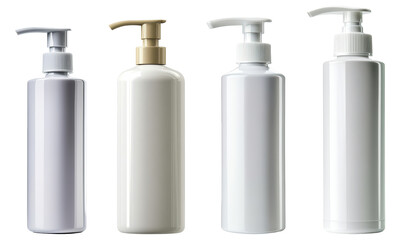 Set of Transparent Cosmetic Pump Bottles in Various Heights with Clean Design on White Background