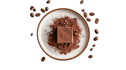 Flat lay of tiramisu square on plate with cocoa dust and coffee beans, isolated white background 