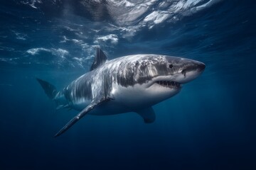 A close-up underwater shot of a majestic Great White Shark, showcasing its powerful form and menacing teeth. The shark swims gracefully through the deep blue ocean