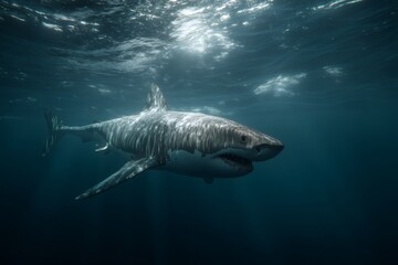 Fototapeta premium A majestic shark gracefully gliding through the depths of the ocean. The underwater scene captures the beauty and power of the marine wildlife