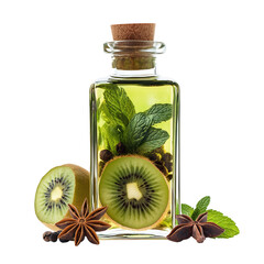 Kiwi Mint and Star Anise in Glass Bottle Isolated on Transparent Background