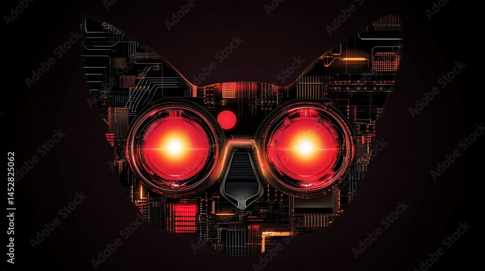 Poster robotic cat face; circuit board texture. glowing red eyes; technological design