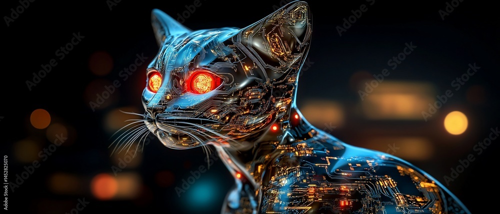 Poster robotic cat with glowing eyes and circuit details against a dark bokeh background