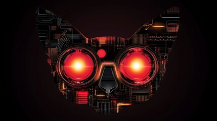 Robotic cat face; circuit board texture. Glowing red eyes; technological design