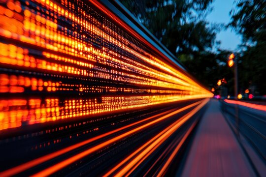 Blurred light trails illuminate an urban walkway at twilight. Bright orange and blue contrast - Powered by Adobe