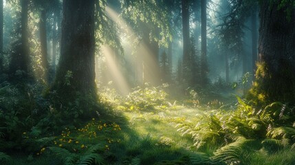 Obraz premium Sunlight piercing verdant forest magical glow