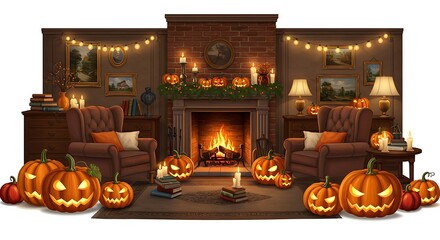 A cozy living room with Halloween decorations, space above the furniture for editing — white background
