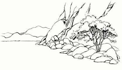 Vector landscape. Tree near a mountains