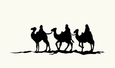 Camel caravan travels. Vector drawing