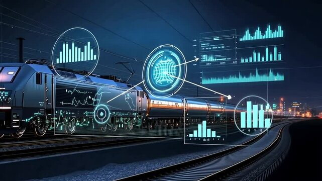 Digital Train's Smart Journey: A modern train navigates tracks, its technological heart visible through an augmented reality overlay that visualizes operational data.