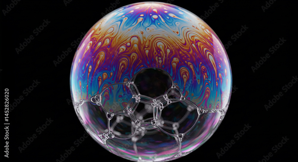 Poster colorful soap bubble showing wonderful iridescent swirls on dark background