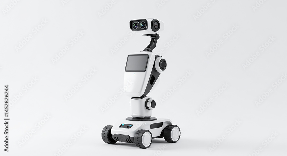 Poster White robot standing with cameras and display on white background
