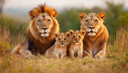 Fototapeta premium Lion family portrait two parents with their two cubs, resting in tall grasses, close-up