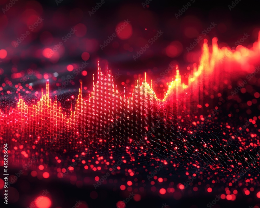 Poster abstract visualization of sound waves in vibrant red tones with bokeh effects