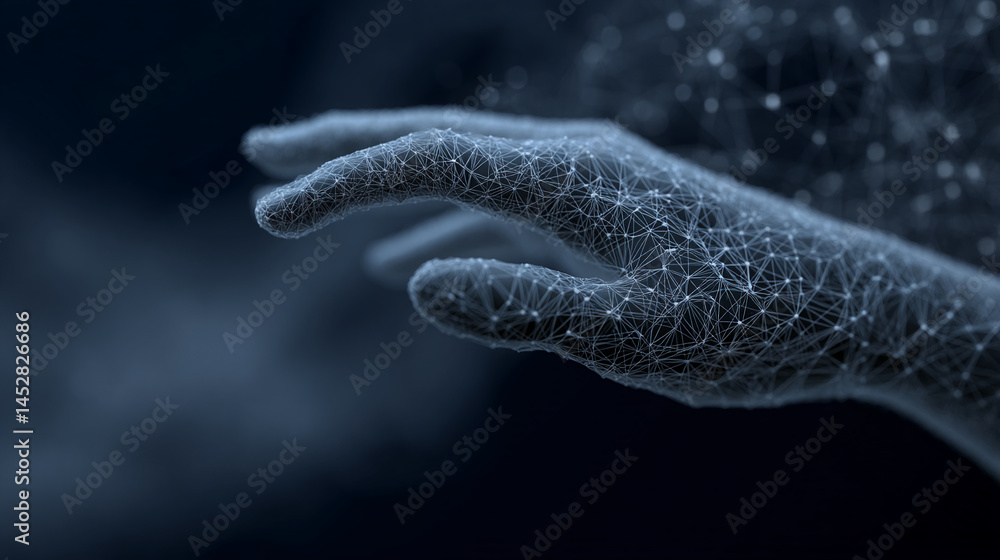 Poster abstract image of a hand rendered as a network of lines and nodes, suggesting connection, technology