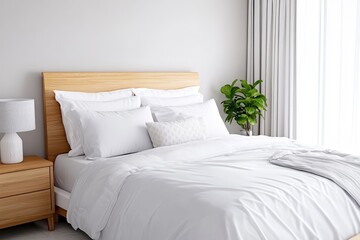 Cozy Bedroom Haven: Minimalist White Bedding - Serene minimalist bedroom, white bedding, natural wood, bright sunlight, green plant. Symbolizing peace, simplicity, comfort, renewal, and nature