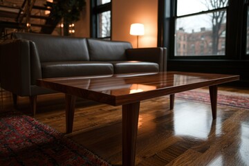 Fototapeta premium Cozy living room with a wooden coffee table, leather couch and a large window