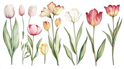 Obraz premium Watercolor Tulips Collection: A Delightful Spring Bouquet