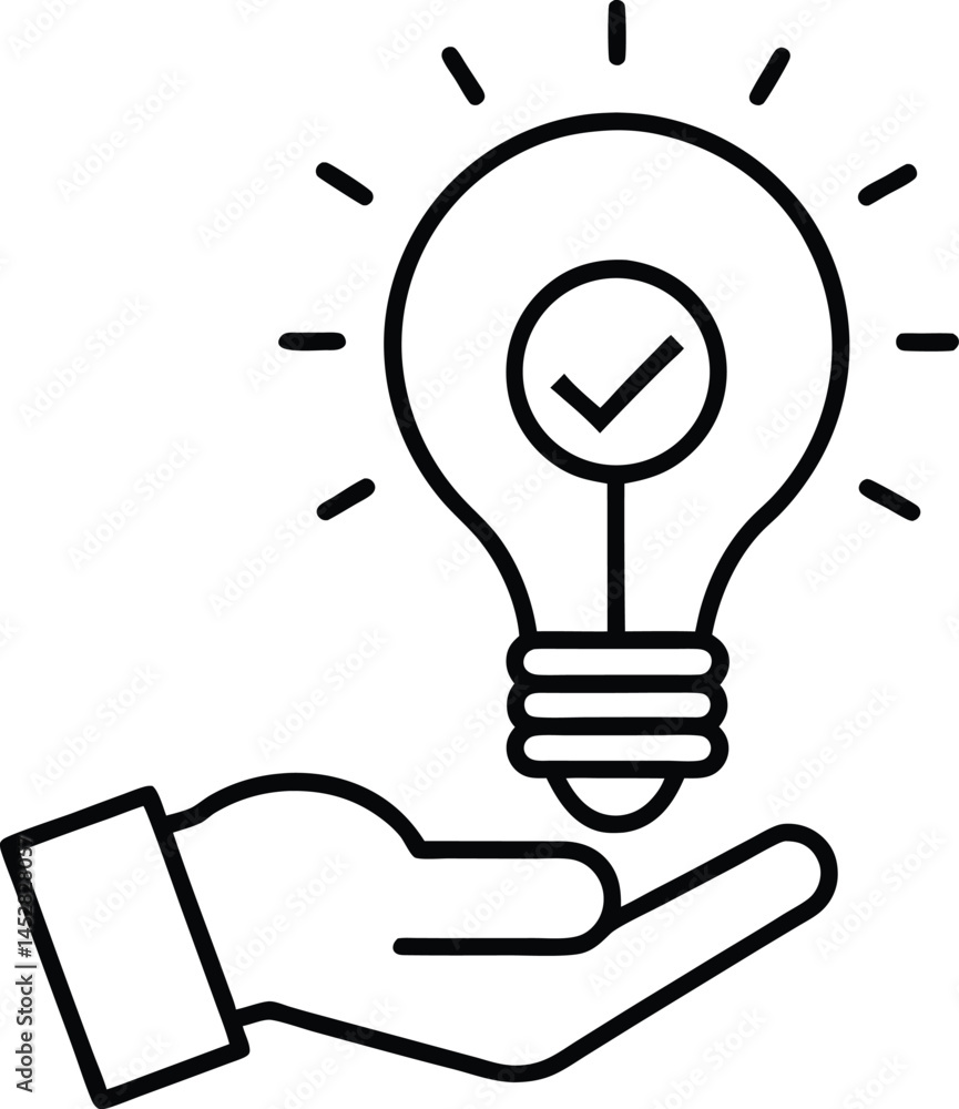 Poster hand holding light bulb with check mark represents validated idea