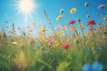 Vibrant wildflower meadow under a sunny sky filled with colorful blossoms