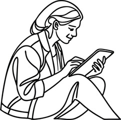 Woman Sitting And Using Tablet Single Line Art Illustration Style