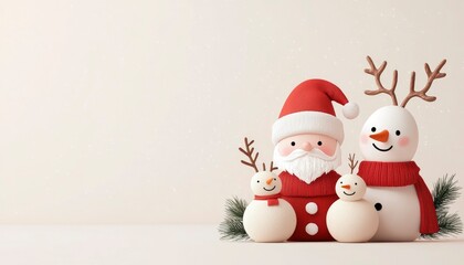 Fototapeta premium Festive winter scene of santa, snowmen and reindeer figures for a holiday greeting design