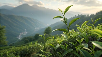Green tea fields, close view, mountains