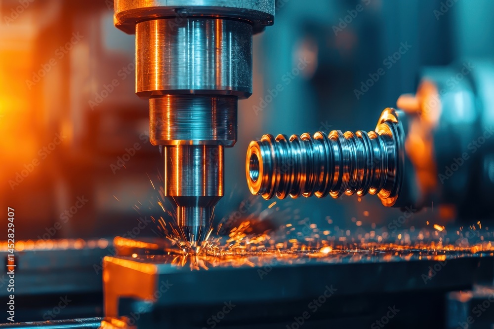Poster versatile equipment and hardware. metal machining process with sparks flying from a precision tool i